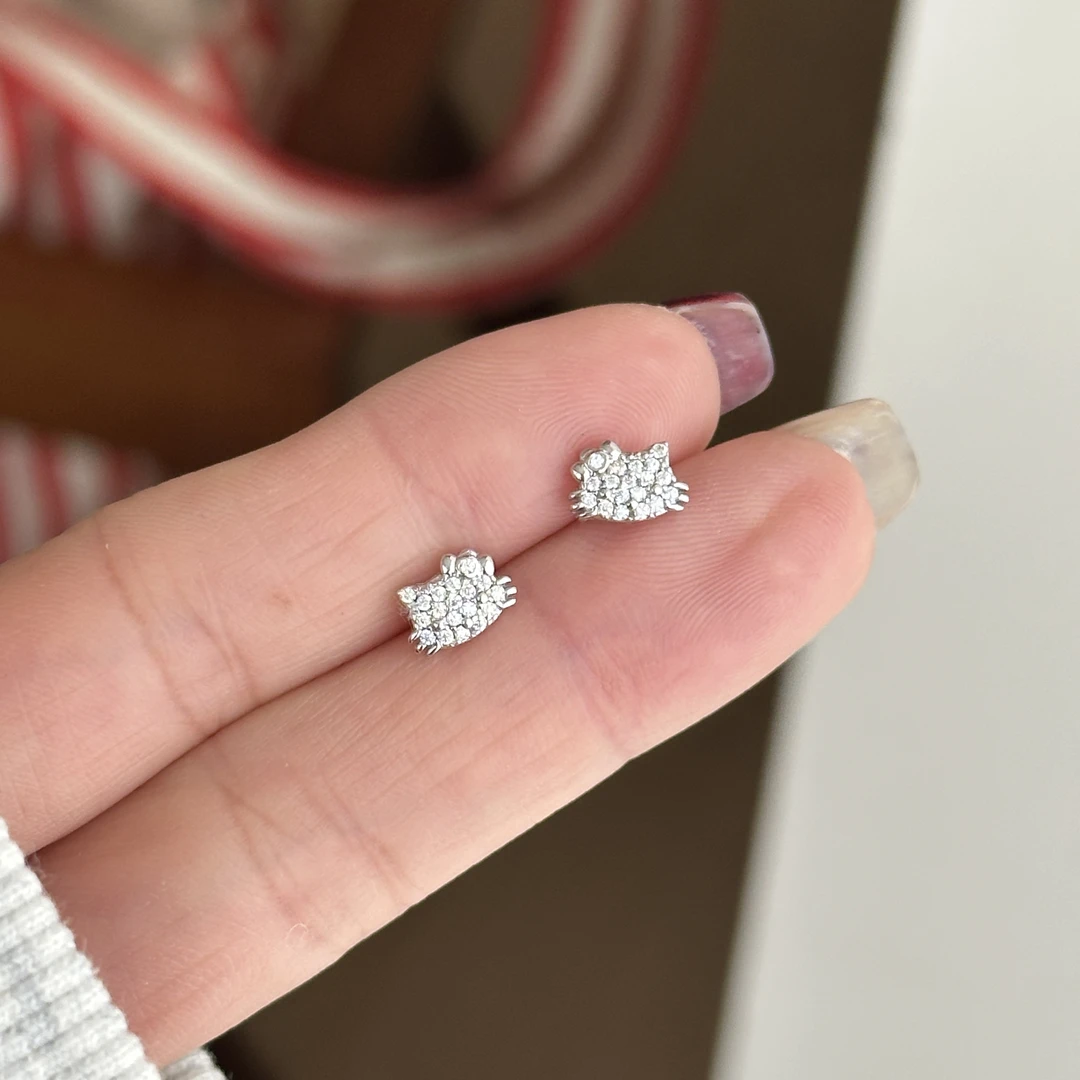 925银合成锆石耳饰 韩国ins风时尚简约气质女kitty猫耳钉 3748