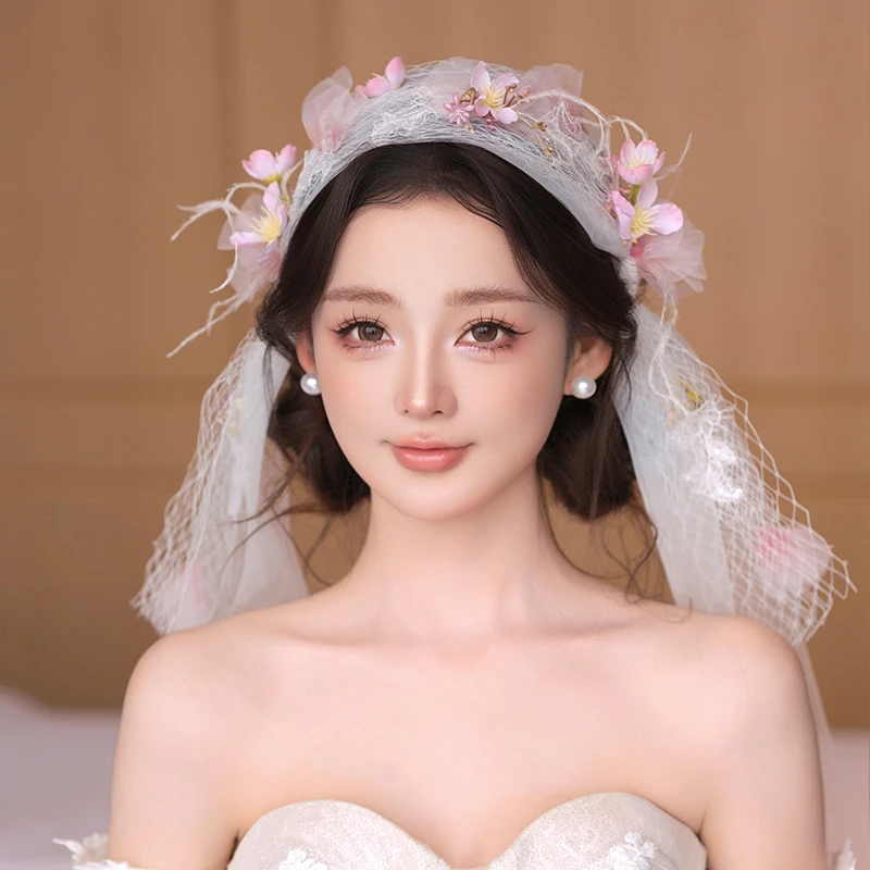 SG314森系新娘超仙粉色花瓣羽毛花朵头纱结婚婚纱礼服造型头饰