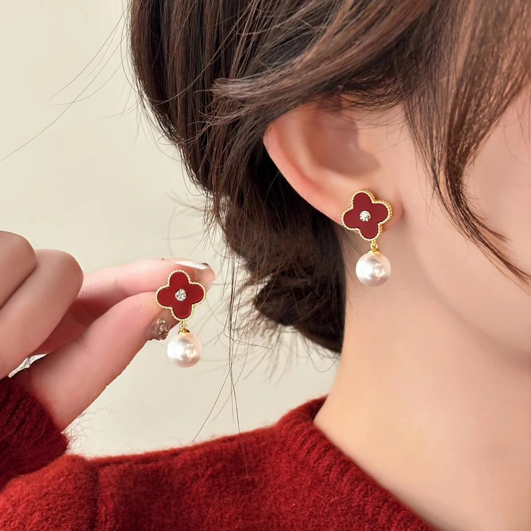CAIEM KAIET 925银耳饰 红色四叶草珍珠耳钉女纯银小众高级耳饰