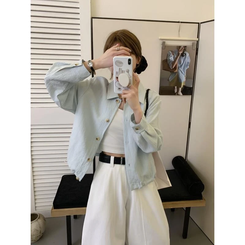 小雅姐姐  韩系贝壳挂饰后背捏褶高级感衬衫外套IS86