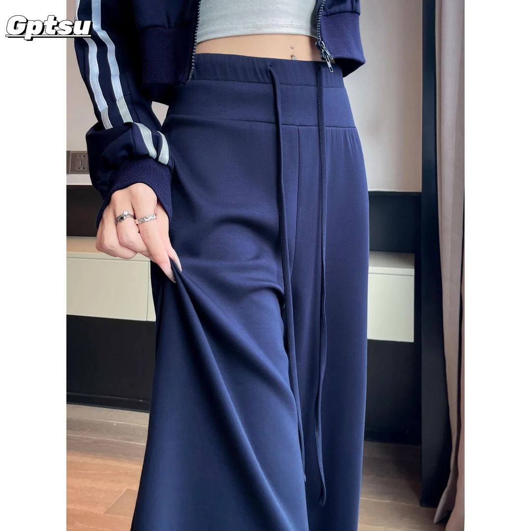 GPTSu藏青色窄版垂感阔腿卫裤女秋装新款高腰收腹显瘦运动拖地裤