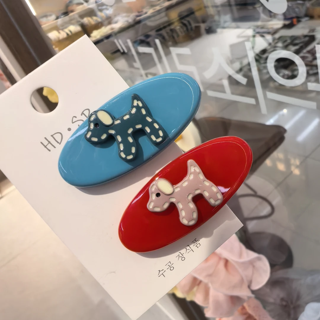 F567红蓝色狗狗椭圆边夹一对