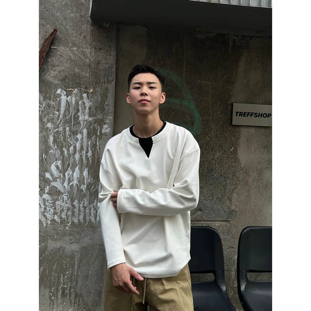 【BH】studio新款假两件领口拼色简约百搭时尚简约宽松卫衣情侣秋款
