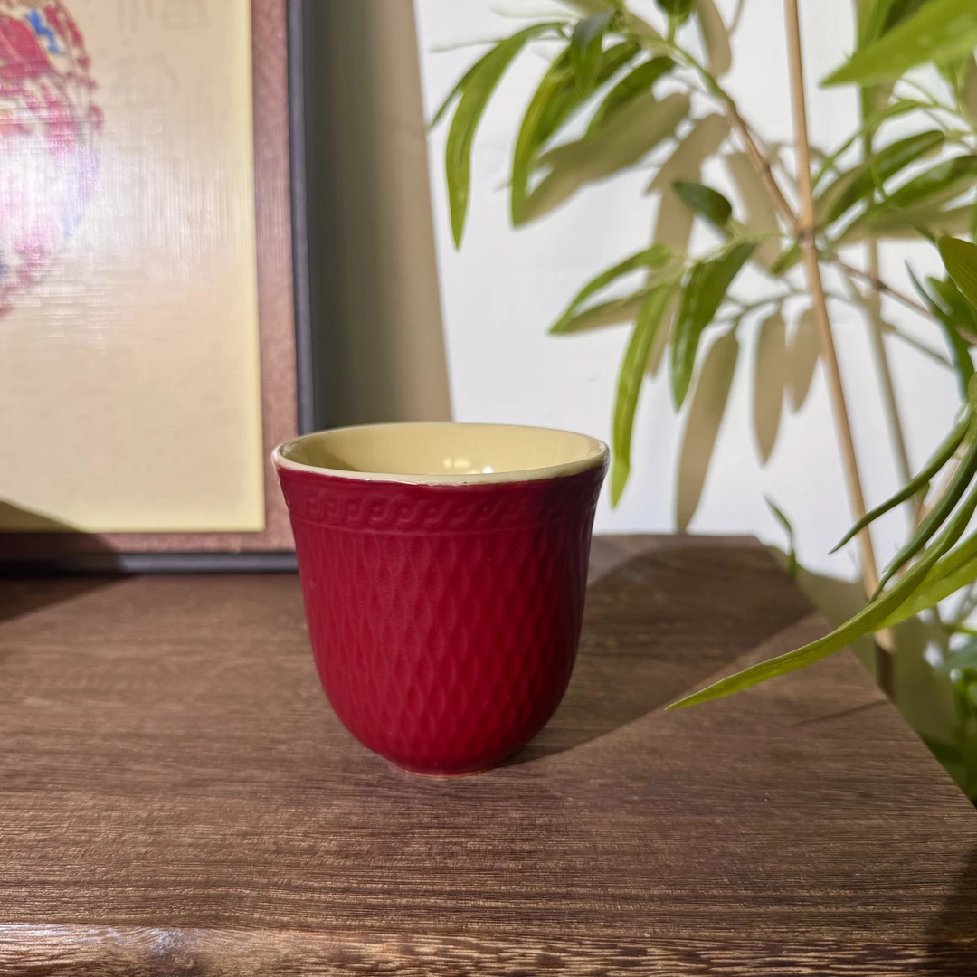 泥古烧高颜值粗陶宫墙红菱纹杯