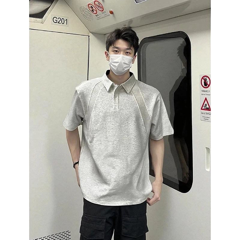 灰色设计感polo衫短袖男款夏季美式正肩t恤痞帅高级感显肩宽半袖
