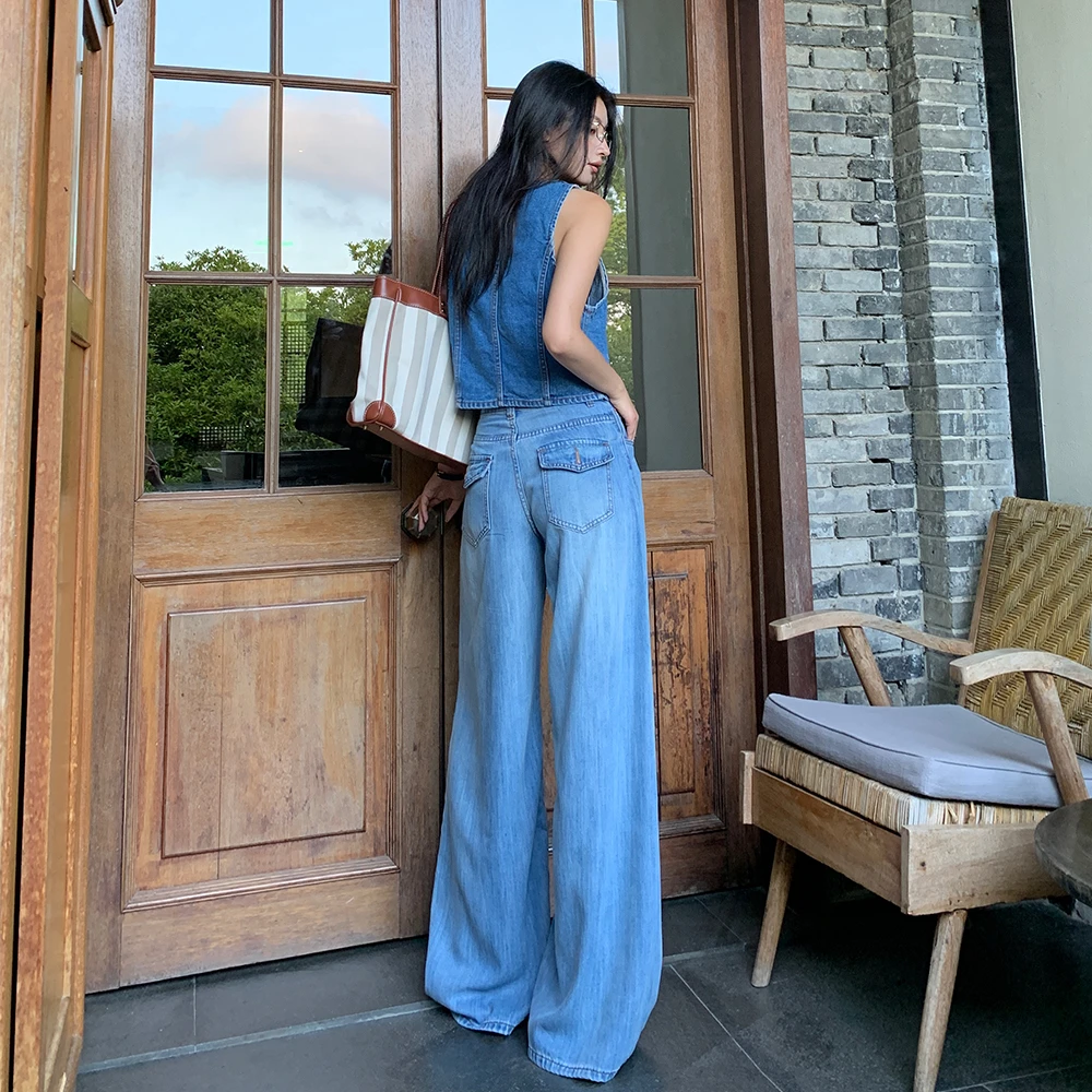 蓝色莱赛尔天丝阔腿牛仔裤女夏季薄款冰丝凉感宽松显瘦垂感拖地裤