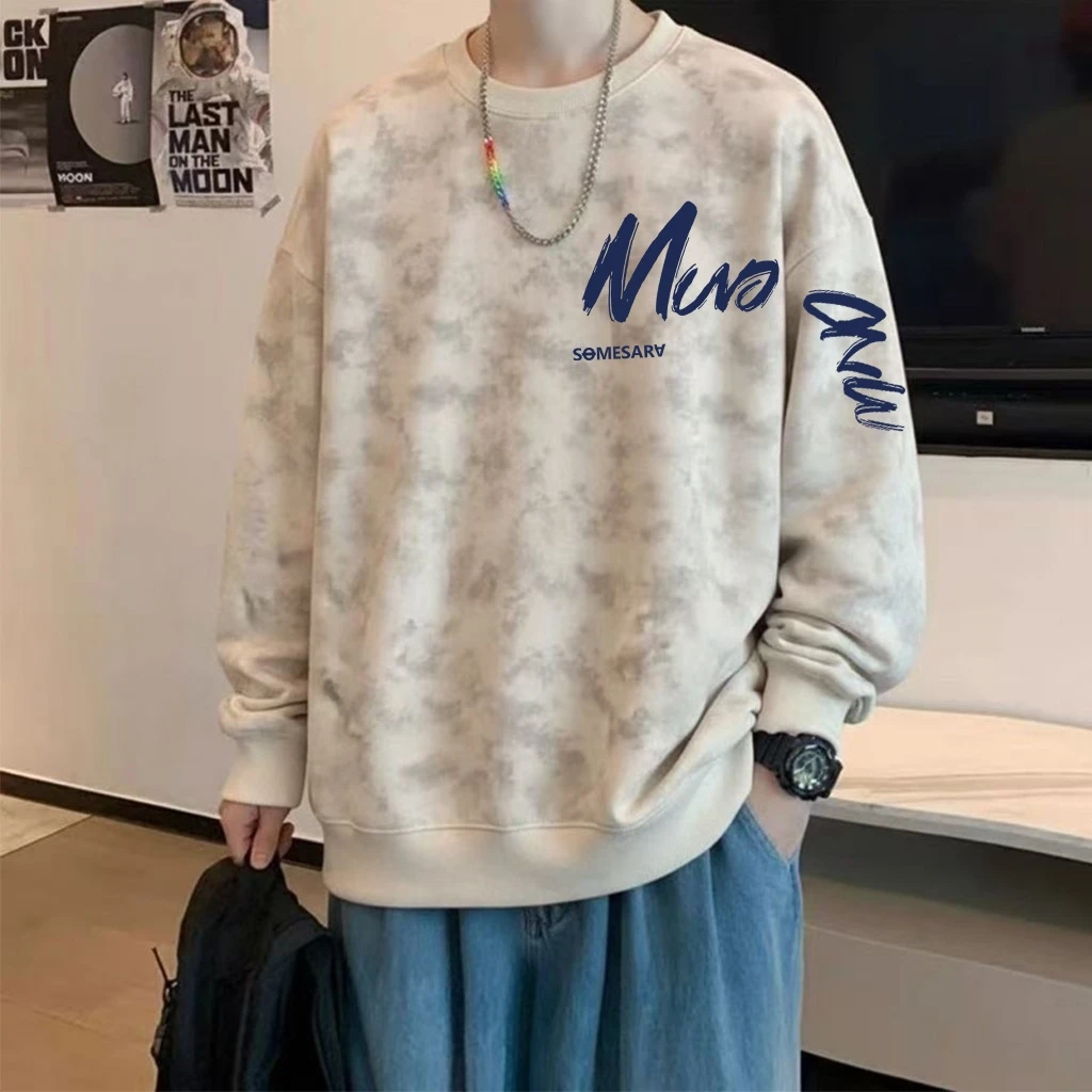 春秋季扎染圆领卫衣大码男潮牌美式休闲宽松长袖青少年打底衫ins