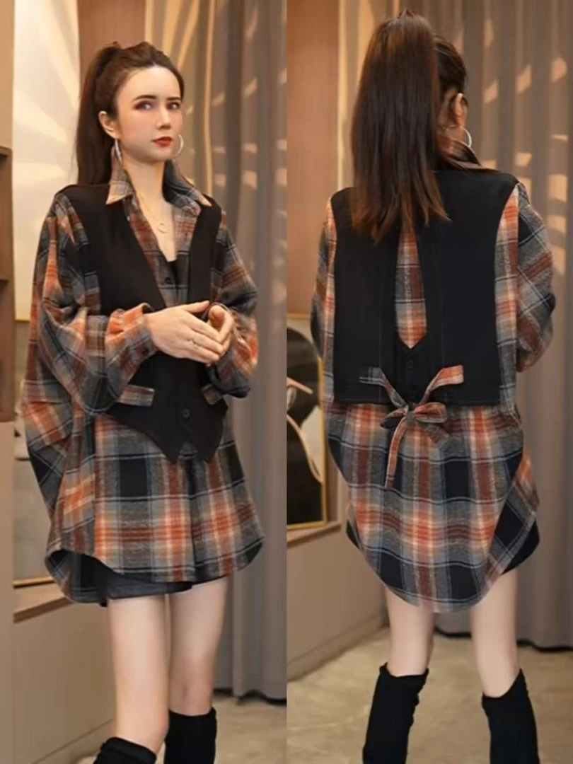 【903#】秋季显瘦气质磨毛咖格假两件衬衫