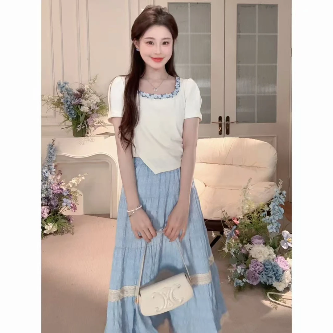 鹿向南【花开半夏】百搭时尚气质杏色T恤格子半裙QYM002470