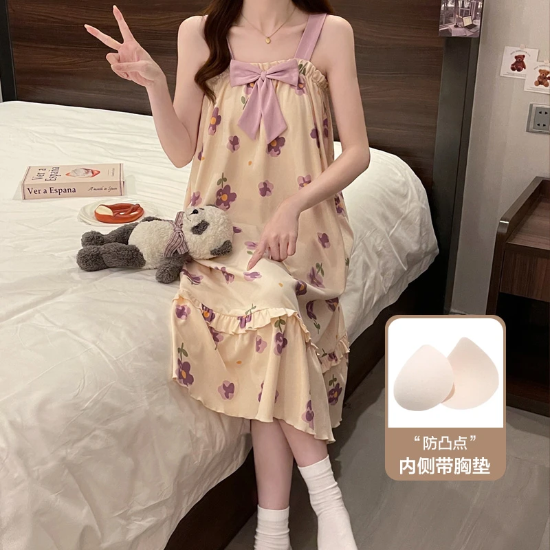 夏季简约风中长款睡裙宽松女士日系吊带裙卡通夏天薄款大码无袖