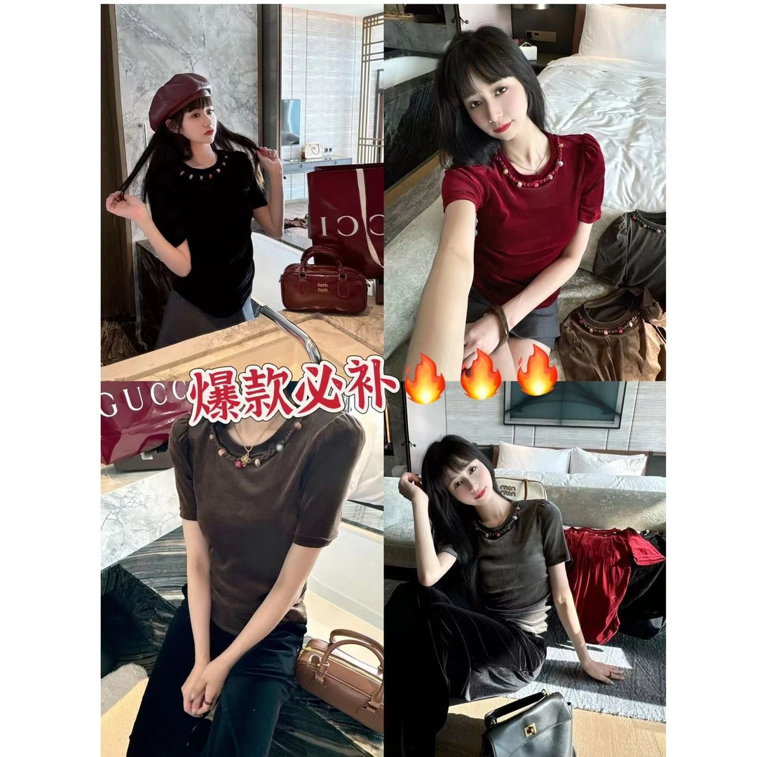 KIKI严选：52071-多米家欧洲站南油秋冬新款编织串珠圆领丝绒T恤