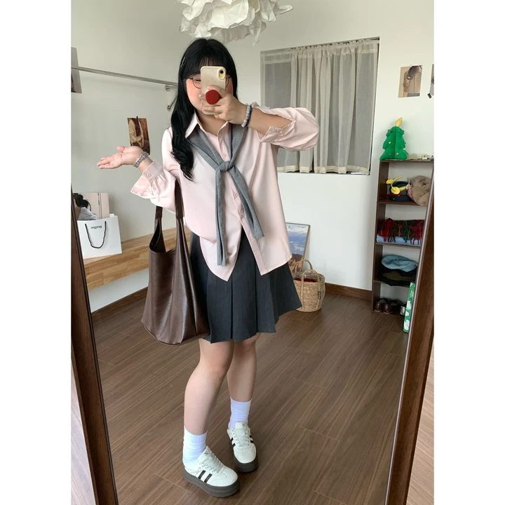 QINGYUS-「无披肩」正肩气质衬衫微胖显瘦大码女装单排扣翻领遮肚子