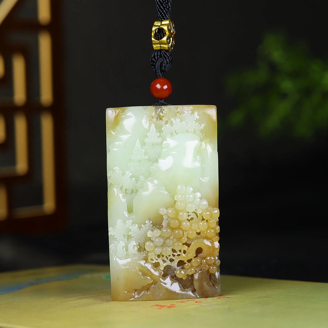 111925和田玉黄玉飘糖山水玉牌