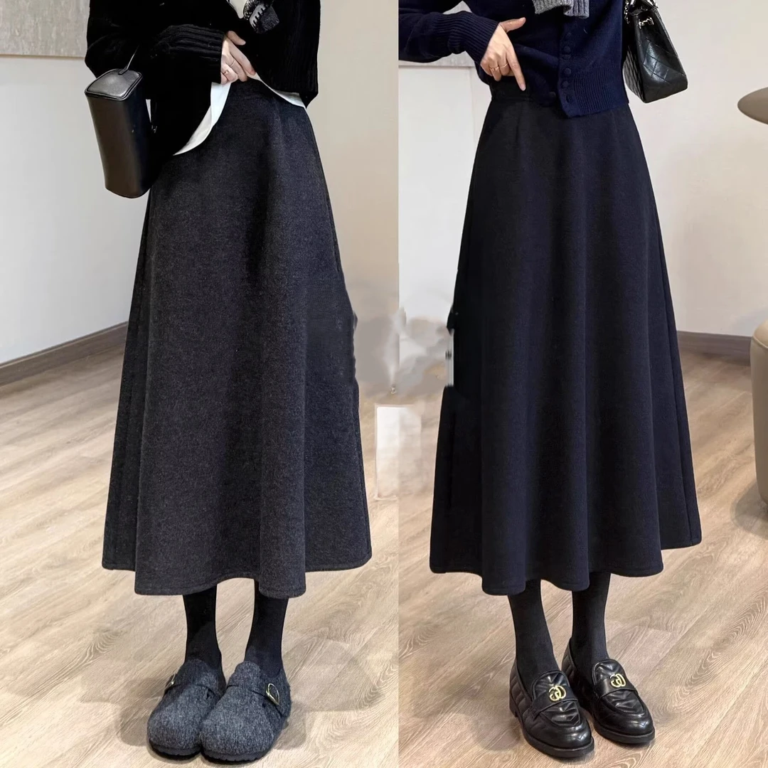 极简毛呢伞裙百搭遮肉显瘦小个子优雅长裙秋冬季保暖口袋半身裙女