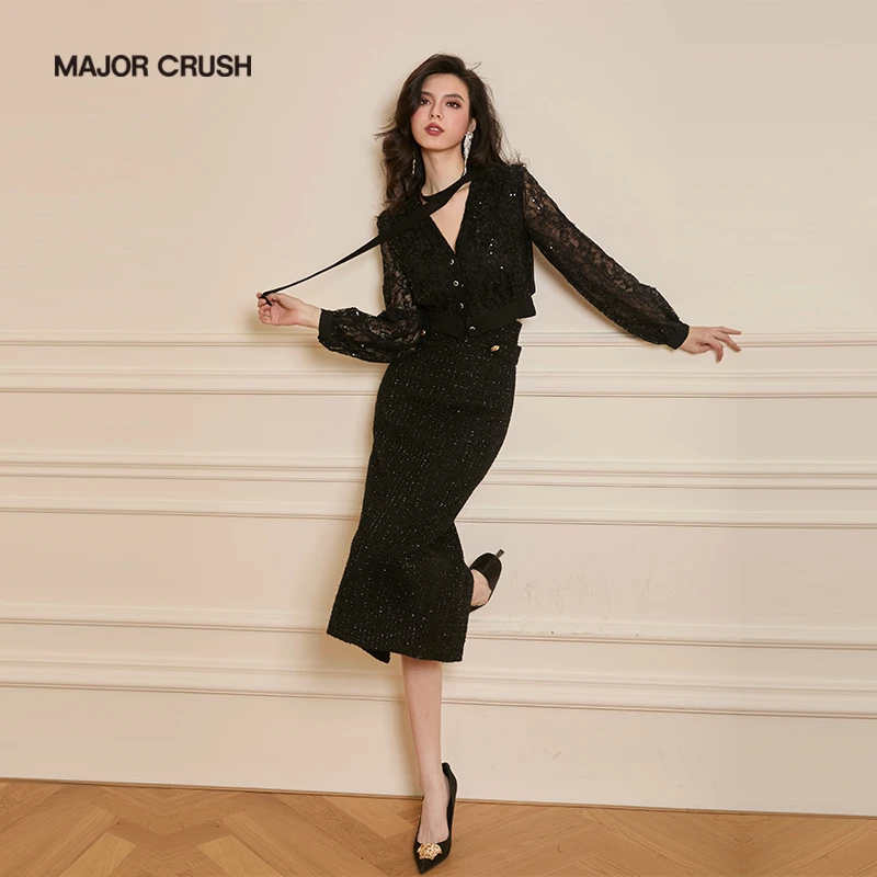 MAJOR CRUSH新款性感半裙黑色蕾丝长袖套装法式时尚53659