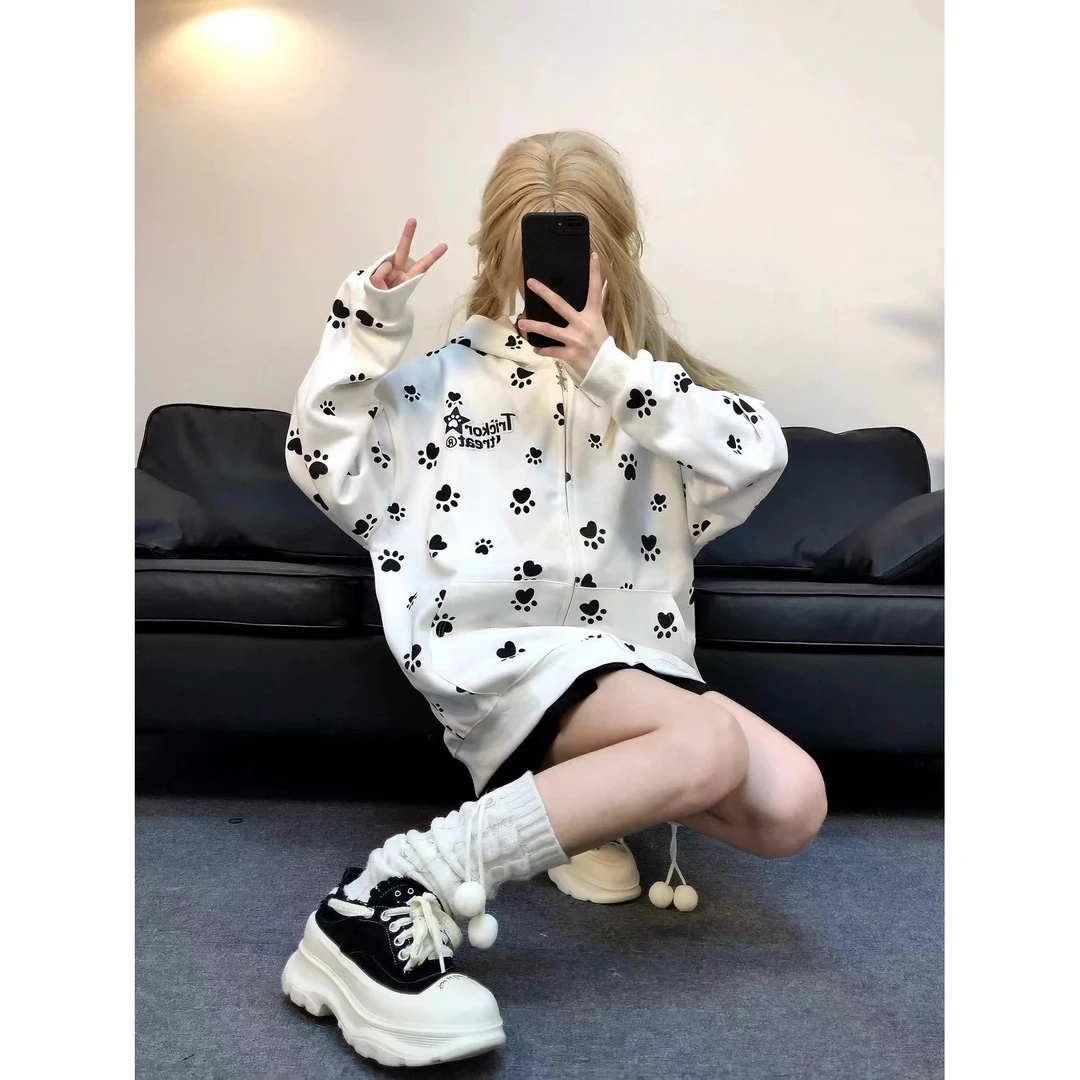 女童开衫连帽卫衣2025春季新款可爱狗爪爪百搭森系中大童宽松外套