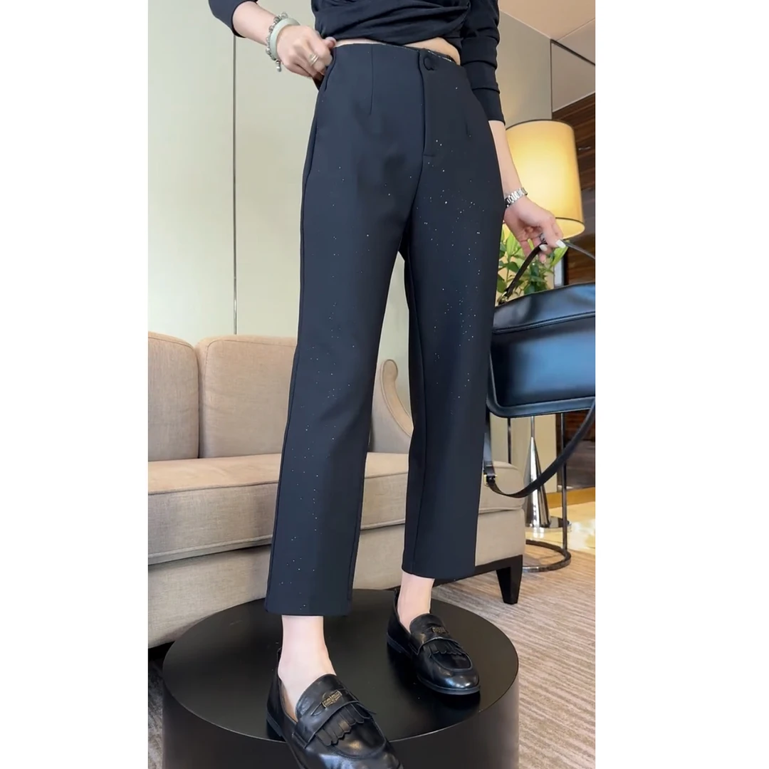 艾塔莉秋季女高腰休闲裤窄版直筒裤韩版镶砖黑色西装裤休闲八分裤