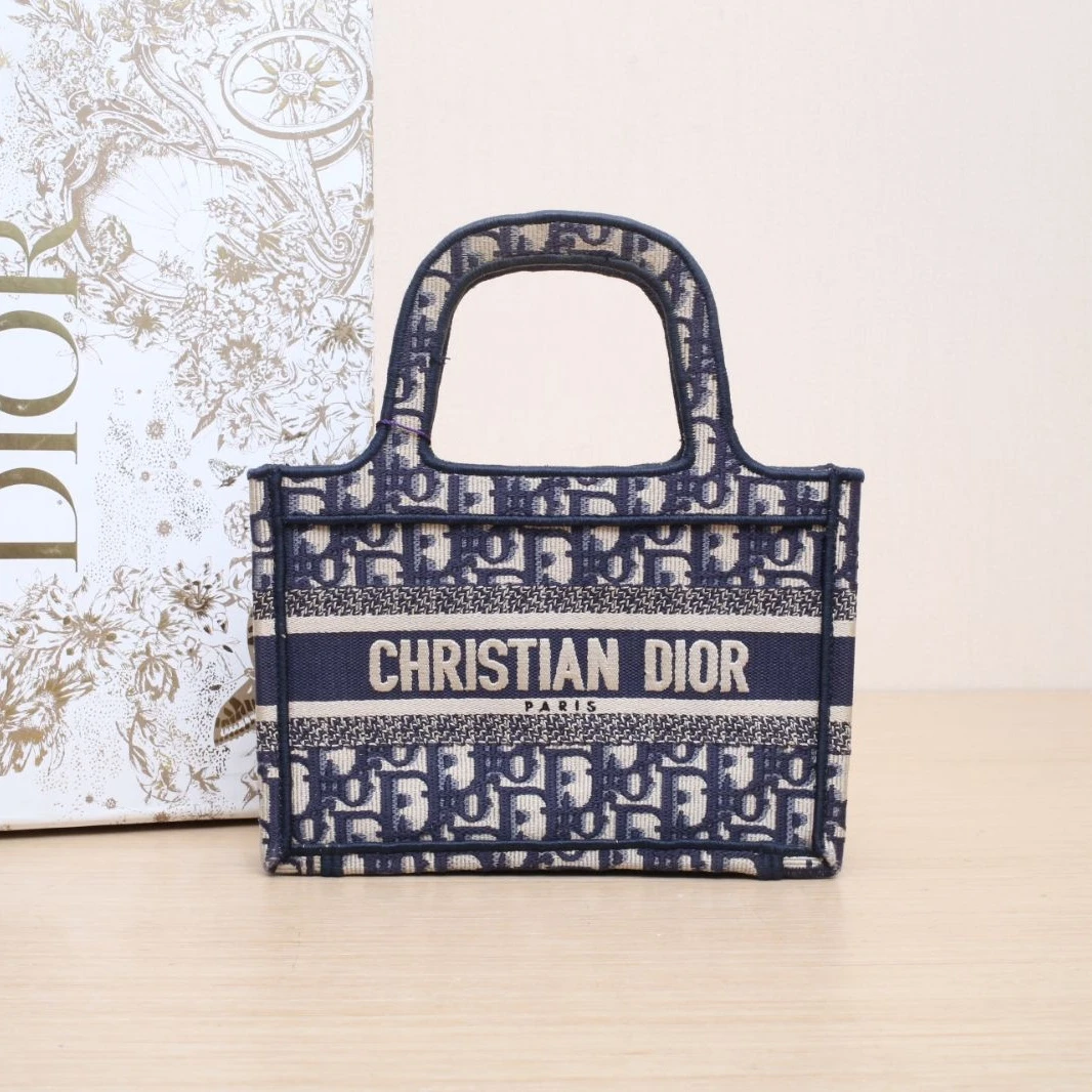 95新 DIOR/迪奥 【双双】Book Tote 迷你 21.5 墨蓝色 帆布