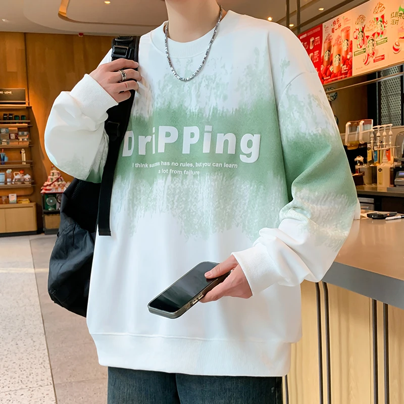 青少年春季新款圆领男士卫衣港风时尚潮流百搭学生印花长袖T恤男