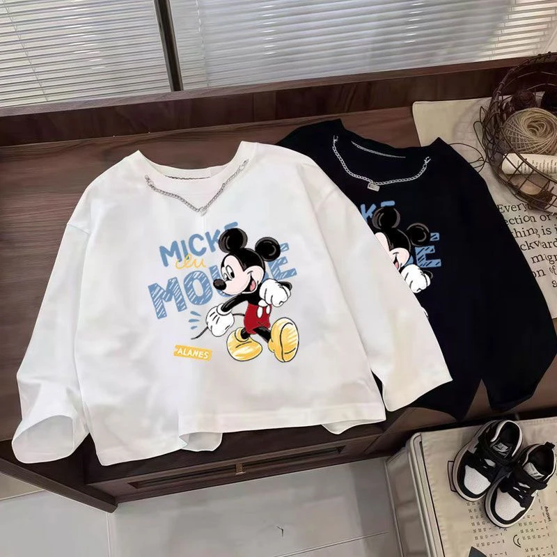 儿童潮牌T恤2025春男女童米奇标长袖打底衫宝宝纯色休闲上衣潮