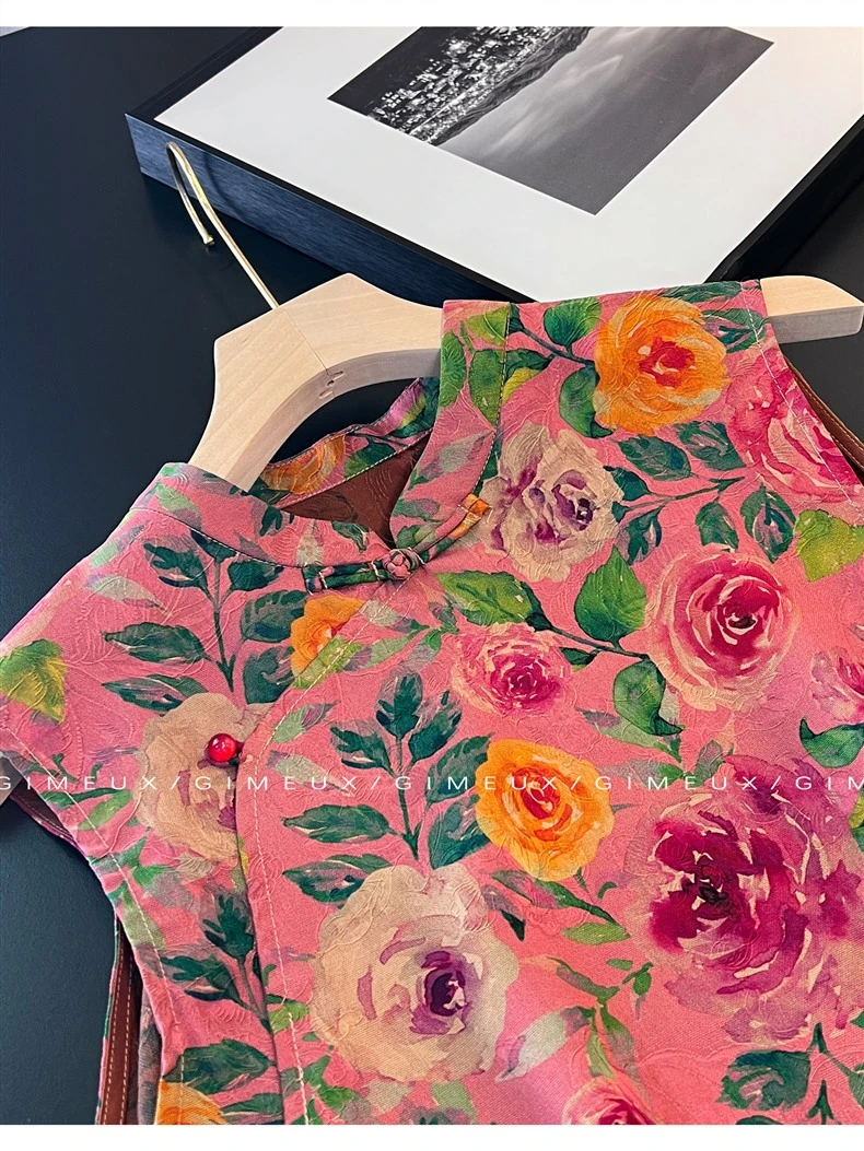 新中式时尚复古国风印花上衣女2025新款夏季立领盘扣宽松百搭背心