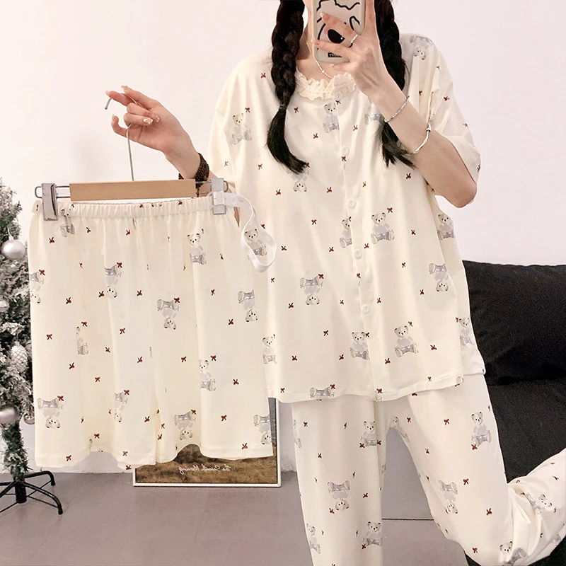 产妇月子服三件套短袖带胸垫夏季薄款孕妇产后喂奶睡衣哺乳家居服