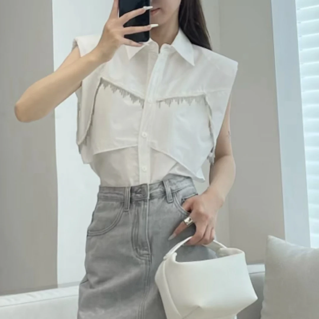 UHOT 白色经典纯色流苏无袖衬衫上衣女简约高级百搭时尚UWFR3C311
