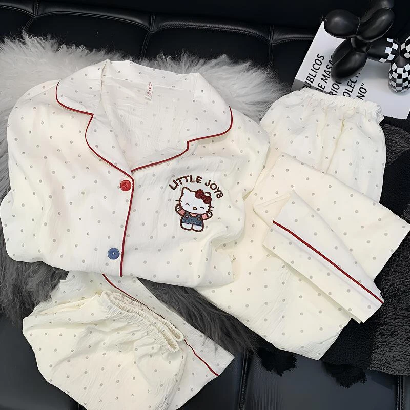 三件套波点KT猫睡衣女款云朵绵夏季短袖可爱卡通睡衣家居服套装