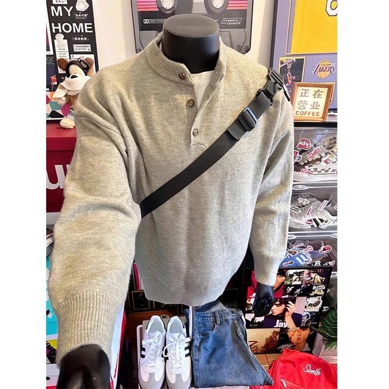 cleanfit灰色亨利领毛衣男款冬季慵懒风高级感穿搭内搭打底针织衫