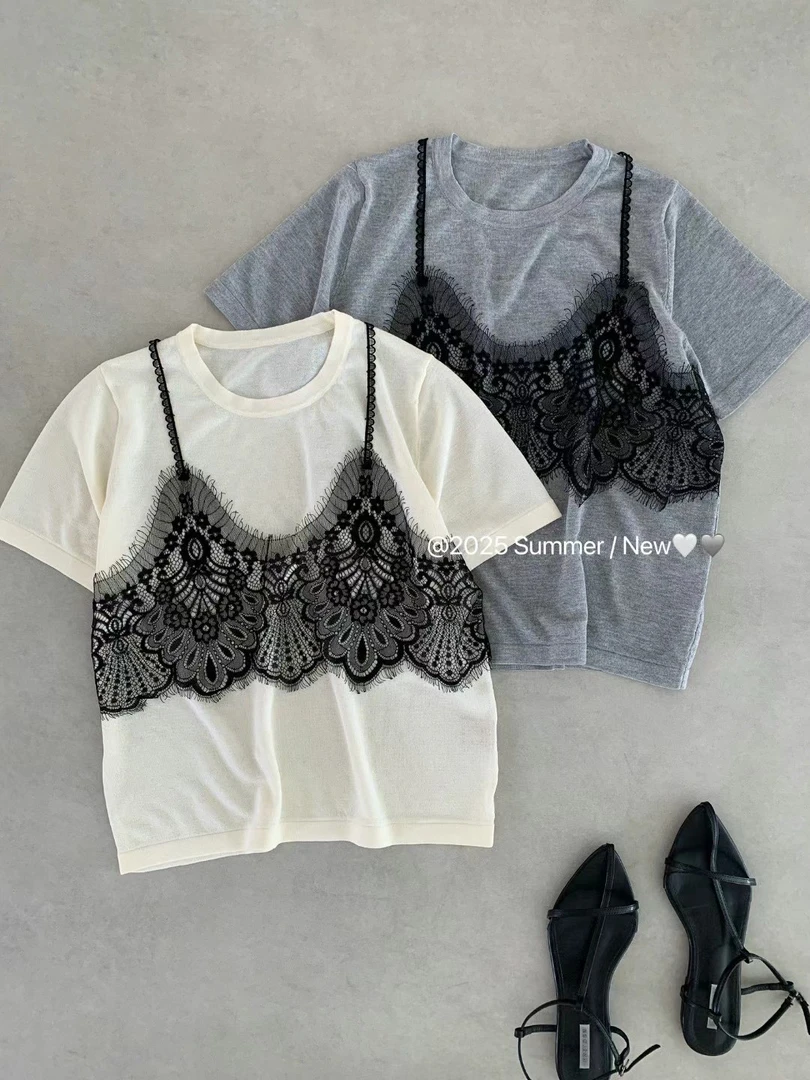 T恤短款静奢风打底短袖小众韩版洋气法式蕾丝假两件夏季拼接