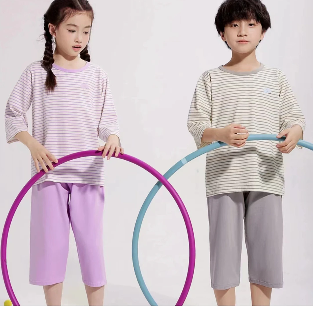 【7A抗菌】夏季亲子七分袖冰瓷棉韩版简约风线条空调服套装