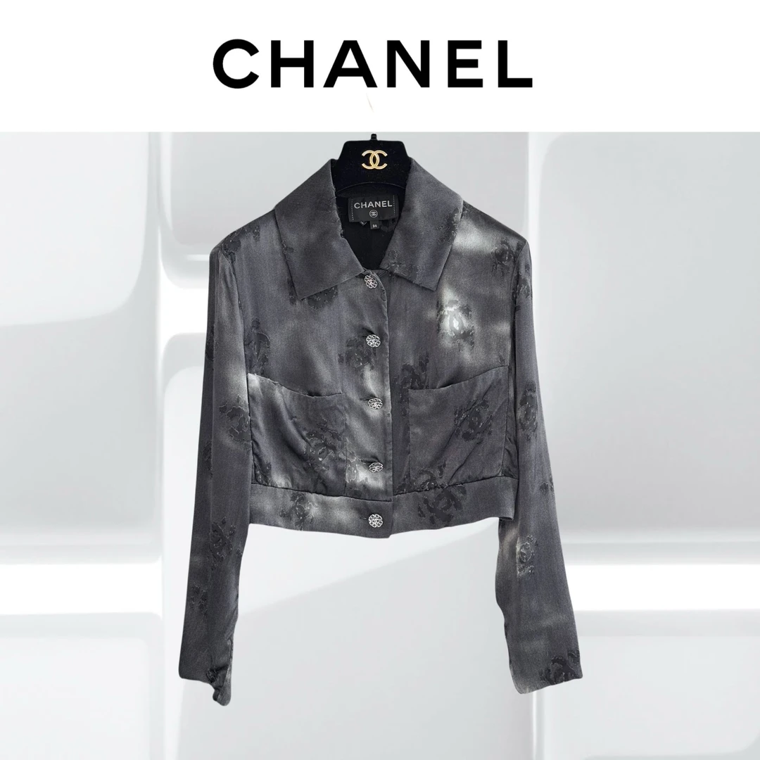 99新 Chanel/香奈儿 22A高级手工坊34码黑色扎染印花短款真丝衬衫