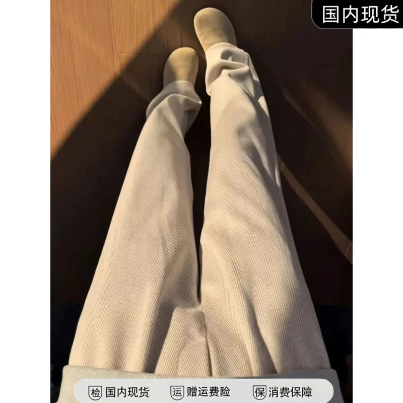 老钱风条纹毛呢裤子男款秋冬季美式加绒垂感重磅卫裤直筒微喇西裤