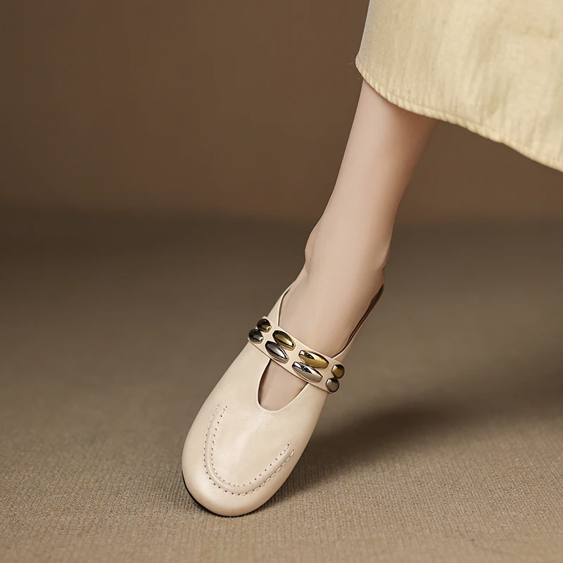 【NICESEE】3cm,春夏圆头真皮半拖鞋女内增高中跟软皮休闲包头拖