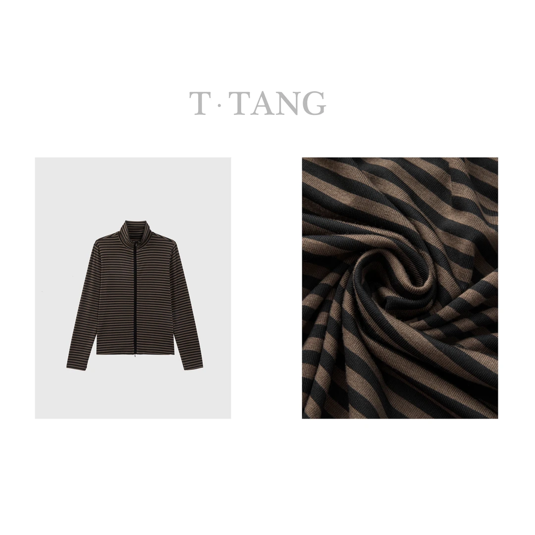 FL早秋百搭轻薄撞色横条半高领亲肤柔软修身显瘦高弹短外套【6676】