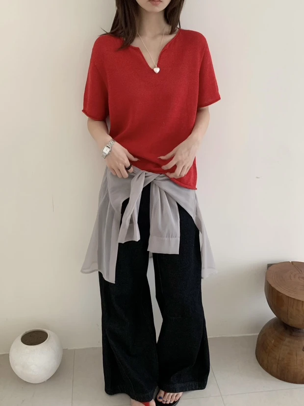 【清仓】无缝一体成衣 2025新款和纸纱短袖剪刀领时尚针织衫