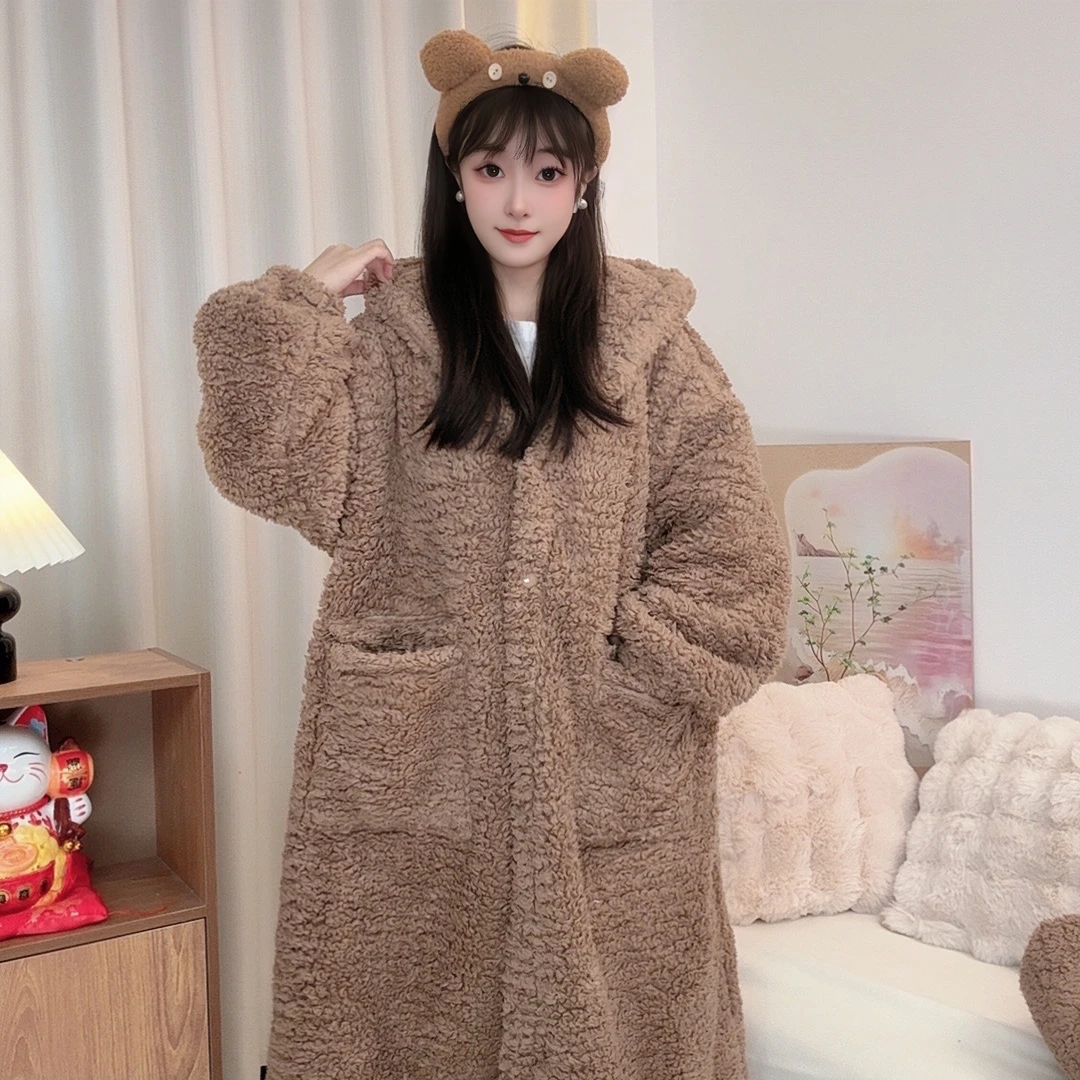 泡泡绒中长款加绒加厚情侣冬季家居外出套装网红粉色连帽宽松y