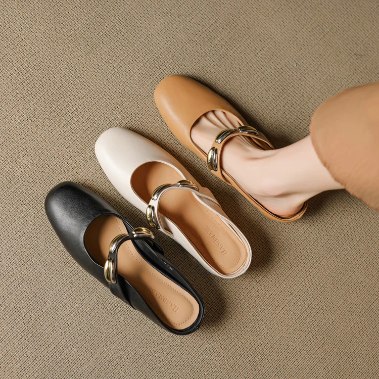 【跟高3.5CM】里外全真皮夏季方头包头半拖鞋女外穿女鞋