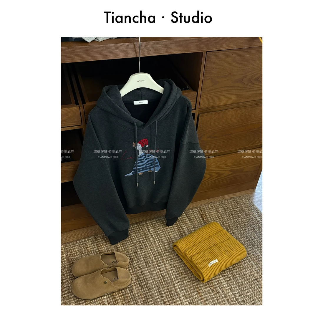 sweet c【条纹小鸭】G0183#韩系秋冬连帽长袖落肩卫衣女卡通