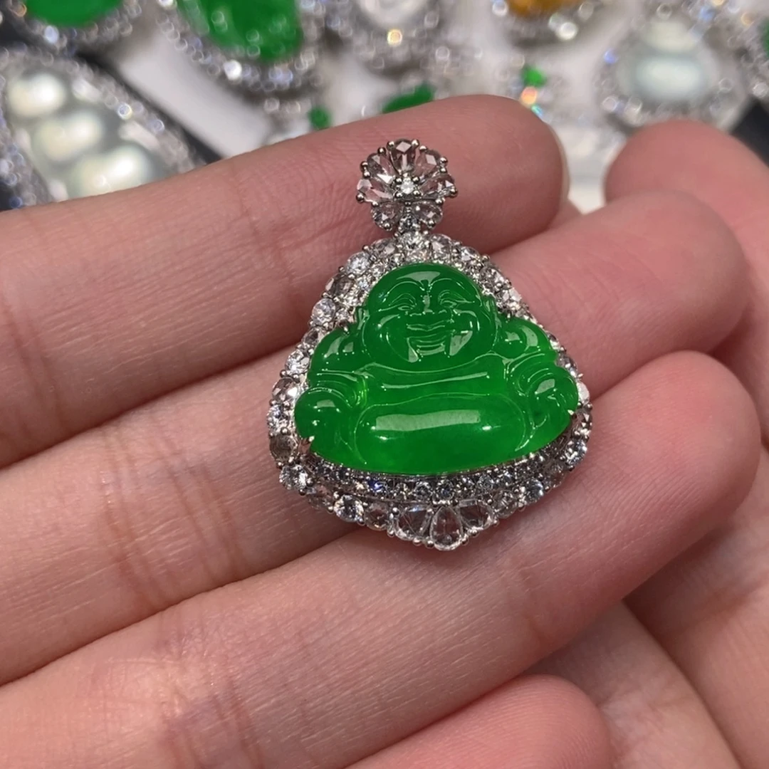 翡翠18K金镶嵌吊坠(不含链)天然缅甸A货翡翠
