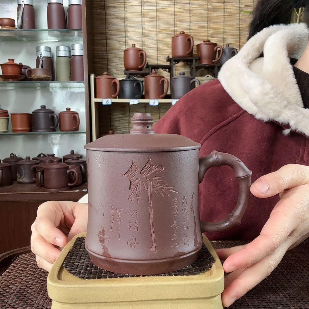 紫砂茶杯深井紫泥竹韵清风办公杯没礼盒480CC