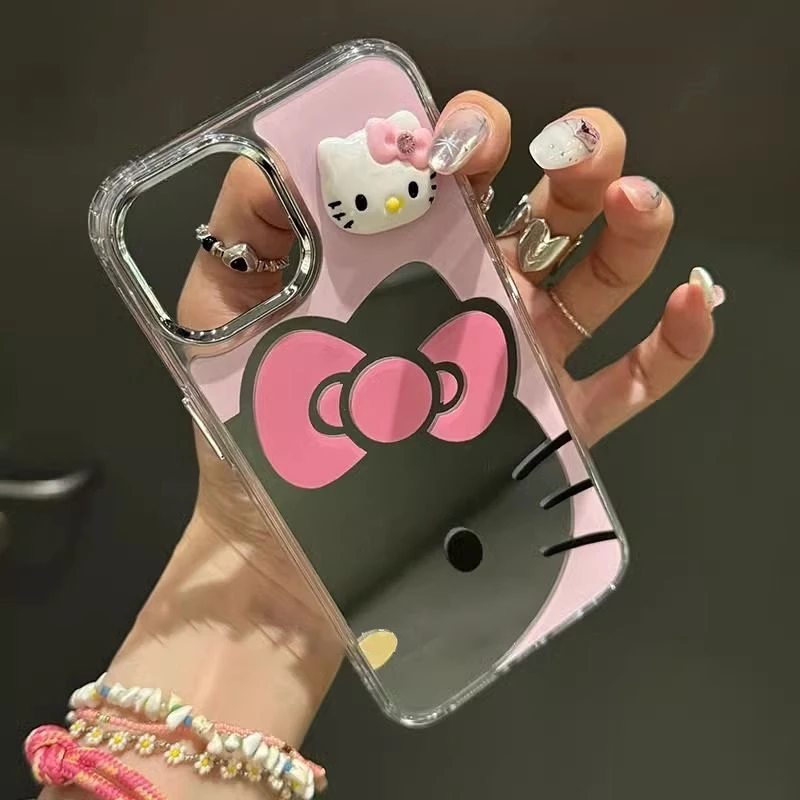 镜面蝴蝶结立体KT猫手机壳适用苹果16ProMax手机壳iPhone15防摔14