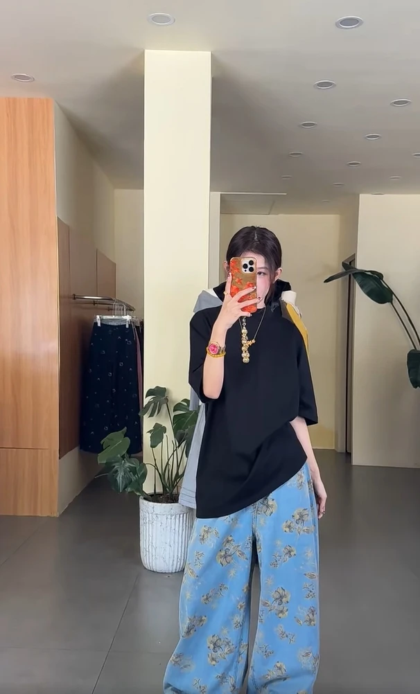 【B Y】宽松黑色百搭短袖美式别致简约通勤圆领上衣时尚印花阔腿裤