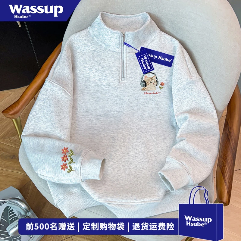 WASSUP HSUBE仿刺绣卡通小猫印花半拉链卫衣男女秋冬宽松立领外套