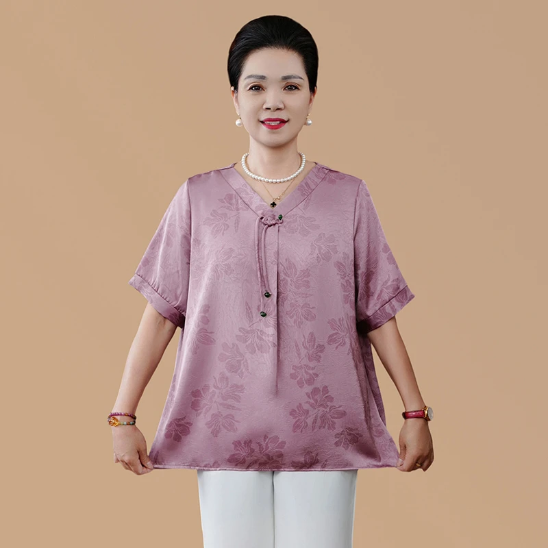 夏季新中式气质V领盘扣中长款短袖妈妈装夏装50岁遮肚提花国风T恤