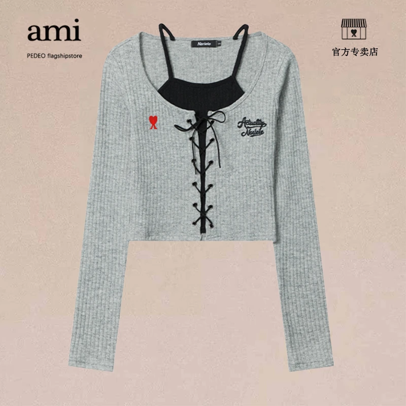 AMI PEDEO官方正品美式复古绑带长袖针织女早秋辣妹修身显瘦上衣