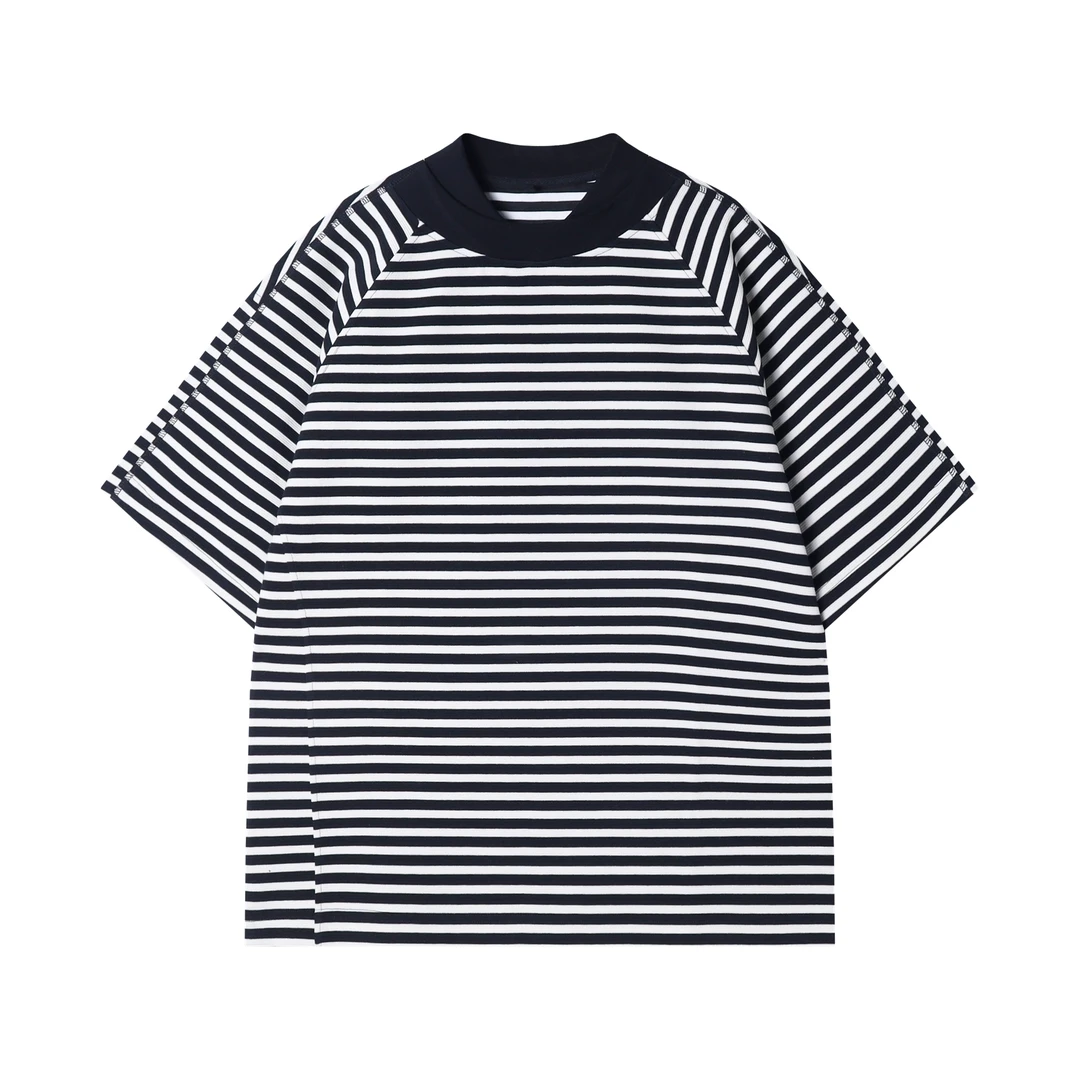 早春新款时尚个性韩版条纹双领口圆领短袖上衣休闲百搭情侣T恤潮
