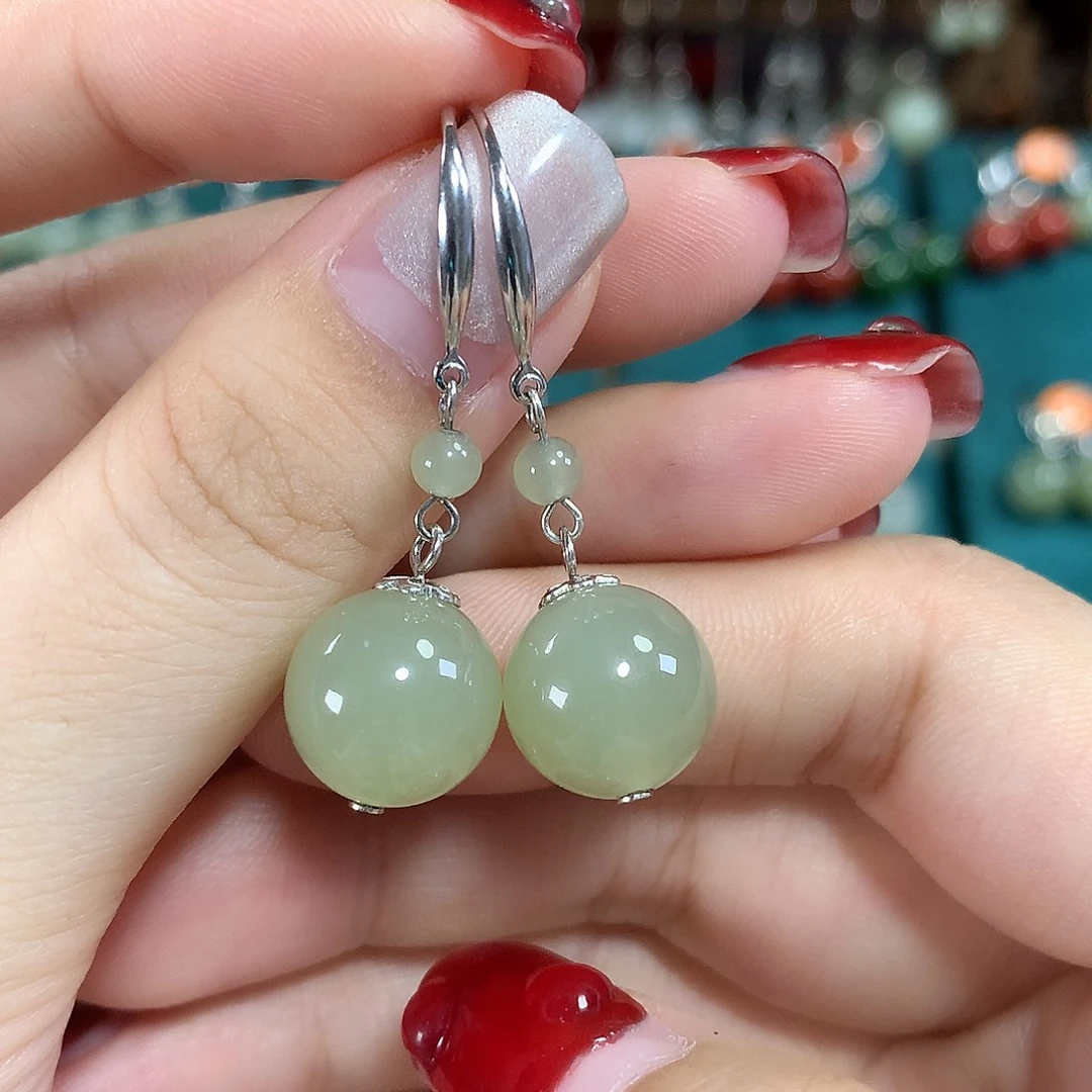 和田玉银S925镶嵌耳饰天然青海料卡12mm左右