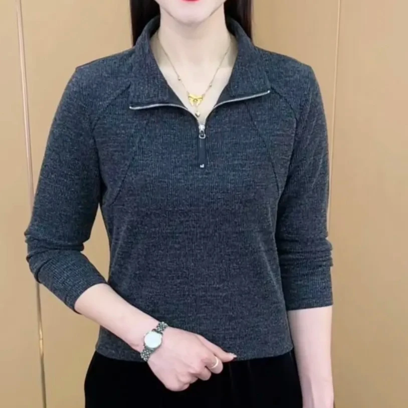 春秋新款时尚洋气半拉链纯色小衫设计感气质显瘦百搭长袖女士上衣