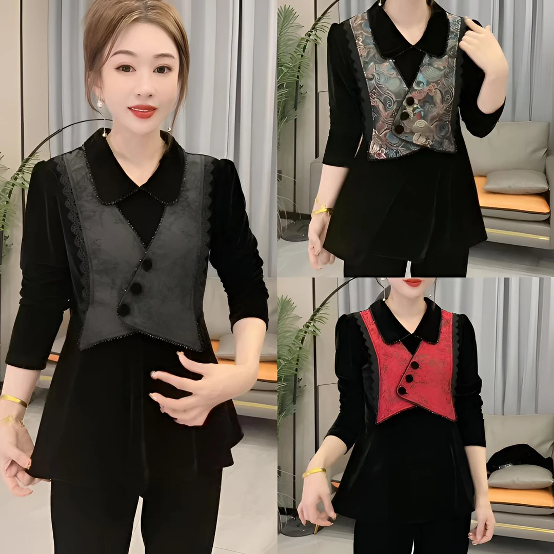 显瘦拼接假两件娃娃领串珠重工丝绒上衣604#